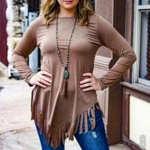 Mocha Long Sleeve Top with Fringe Hem